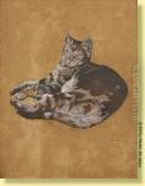 Chat Couche Oil Painting by Henri Ramah