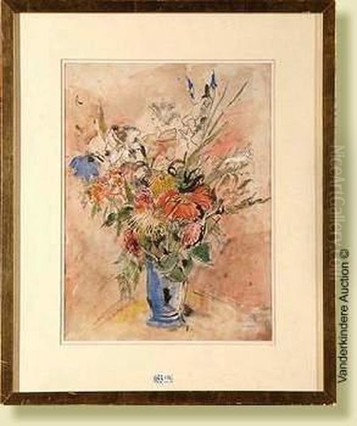 Vasede Fleurs, Encre Et Aquarelle Sur Papier Oil Painting by Henri Ramah