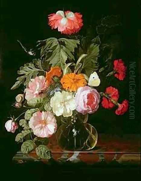 Roses peonies and love in a mist in a glass vase with a white butterfly Oil Painting by Isaak Denies