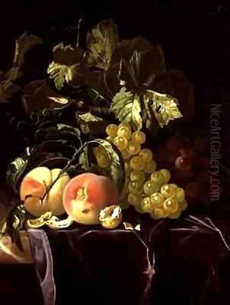 Still Life of fruit nuts and leaves on velvet cloth Oil Painting by Isaak Denies