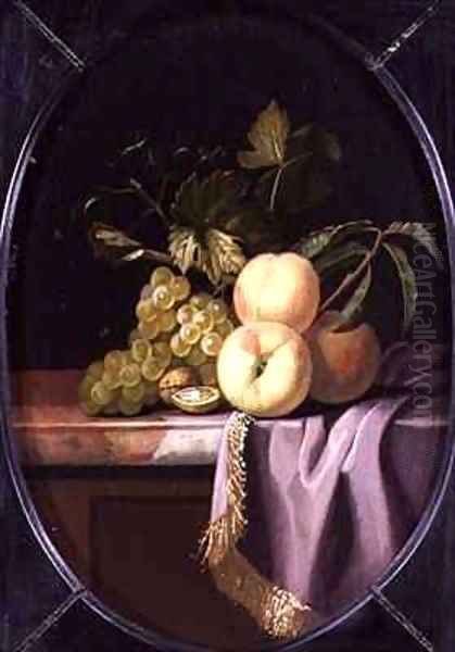 Peaches Grapes and Walnuts on a Draped Ledge Oil Painting by Isaak Denies