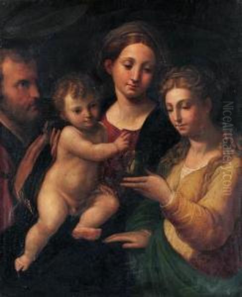 The Holy Family With Saint Mary Magdalen Oil Painting by Bartolomeo Ramenghi (Bagnacavallo)