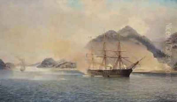 Naval Battle of the Strait of Shimonoseki Oil Painting by Jean Baptiste Henri Durand-Brager