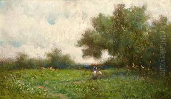 Cloud Shadows; In The Meadow; Meadow Flowers;landscape With Figures Oil Painting by Milne Ramsey