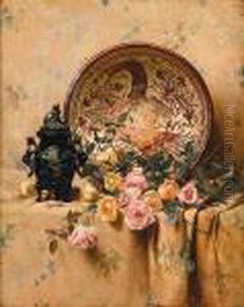 Still Life With Charger, Censer And Roses Oil Painting by Milne Ramsey