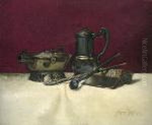 Still Life Of Pipes, An Open Book, A Metal Pitcher And A Brazier Oil Painting by Milne Ramsey