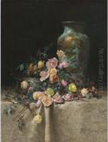 Roses And An Oriental Vase On A Brocade Tablecloth Oil Painting by Milne Ramsey