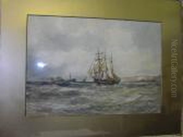 Shipping In Choppy Seas Off A Coastline, And Companion Oil Painting by Aubrey Ramus