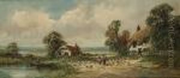 Figures And Chickens By A Cottage Oil Painting by Aubrey Ramus