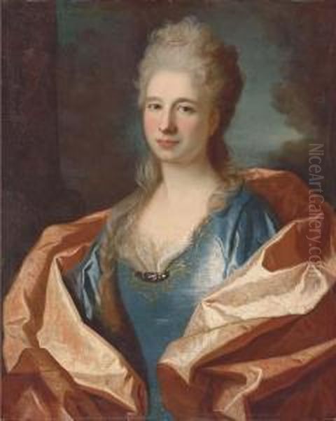 Portrait Of A Lady, Bust-length,
 In A Blue Silk Dress Trimmed Withlace And Embroidered With Gold Thread 
And With A Pink Silk Shawl, Alandscape Beyond Oil Painting by Jean Ranc