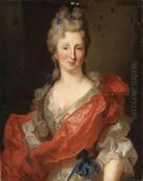 Portrait Of A Lady, Said To Be 
Madame L.a. De Crozat, Marchale Debroglie, Half Length, In A White Dress
 And A Red Drape Oil Painting by Jean Ranc