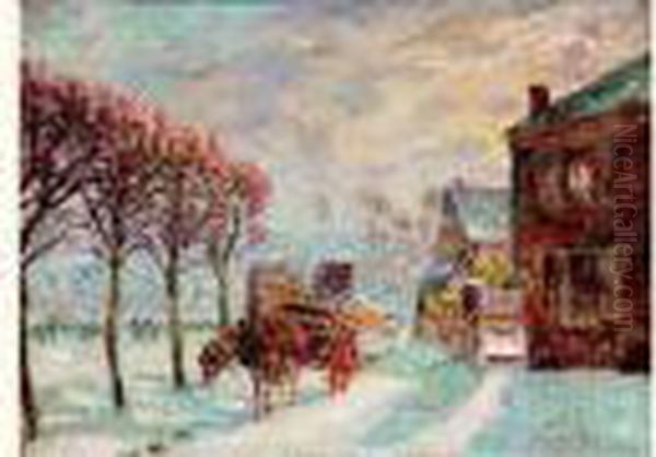 Attelage Sur La Place De Village Enneigee, Aubin-sur-oise, Circa 1895 Oil Painting by Richard Ranft