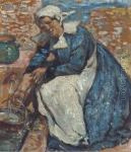 Une Femme Assise Prenant De L'eau A Une Fontaine Oil Painting by Richard Ranft