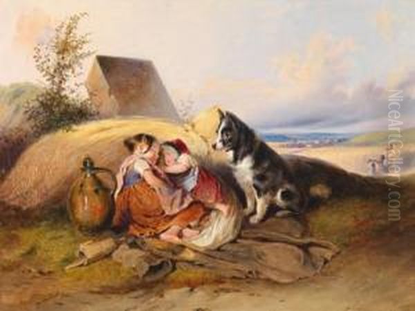 Die Von Einem Hund Bewachtemittagsrast Zweier Kinder Auf Dem Feld Oil Painting by Johann Matthias Ranftl