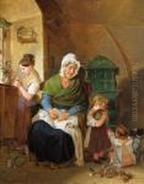 Grosmutter Mit Drei Kindern In Der Stube Oil Painting by Johann Matthias Ranftl