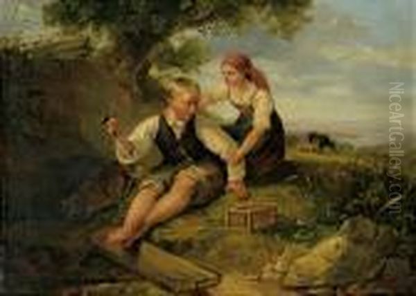 Zwei Kinder Mit Vogelkafig Oil Painting by Johann Matthias Ranftl