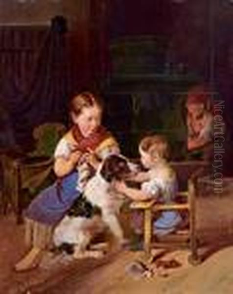 Idillio Familiare Con Ragazza Che Lavora A Maglia Oil Painting by Johann Matthias Ranftl