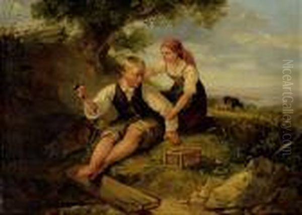 Zwei Kinder Mit Vogelkafig Oil Painting by Johann Matthias Ranftl