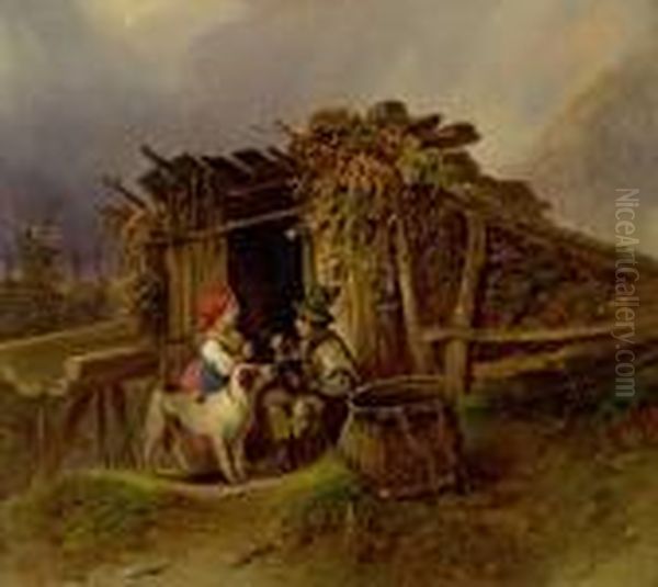 Kinder Vor Einer Berghutte Oil Painting by Johann Matthias Ranftl