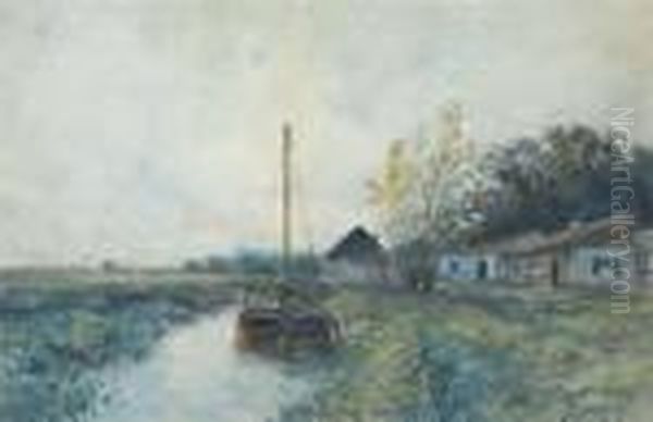 American, - Canal View,1885 Oil Painting by Henry Ward Ranger