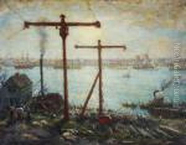 New London From The Groton Shipyard Oil Painting by Henry Ward Ranger