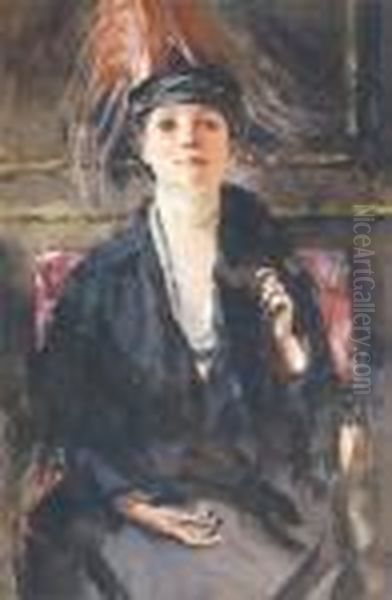 An Elegant Lady In Aninterior Oil Painting by William Bruce Ellis Ranken