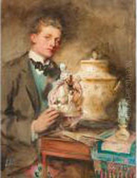 Halbfigurenbildnis Eines 
Jungenantiquitatenhandlers, Eine Porzellanene Figurinengruppe Haltend Oil Painting by William Bruce Ellis Ranken