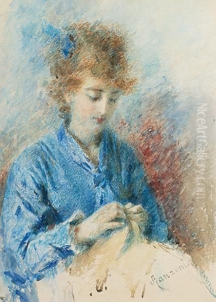 A Young Lady Sewing Oil Painting by Daniele Ranzoni