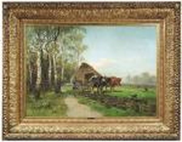 A Ploughing Farmer With His Team Of Oxen Oil Painting by Gustav Ranzoni