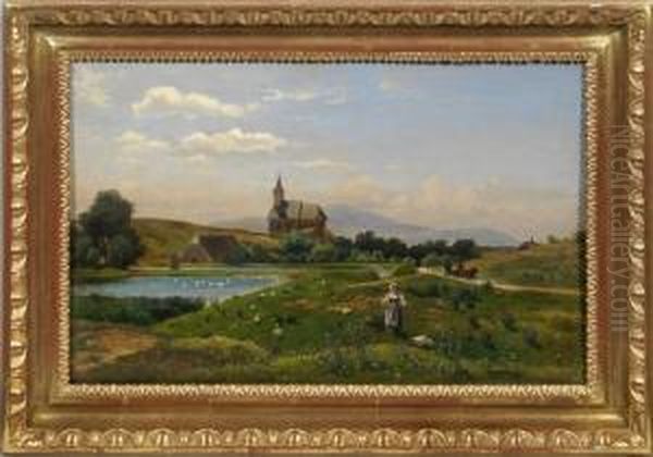 Gansehirtin In Sommerlicher Landschaft Mit Dorfkirche Oil Painting by Gustav Ranzoni