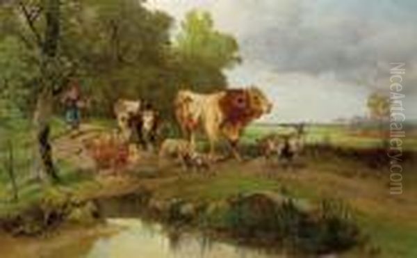 Il Bestiame Rientra Alla Stalla Oil Painting by Gustav Ranzoni