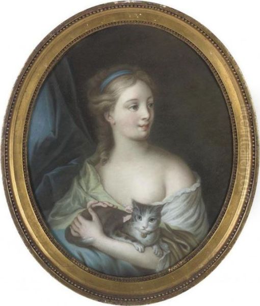 Portrait Of A Young Girl, 
Bust-length, Holding Her Cat; Andportrait Of A Young Girl, Bust-length, 
In A White Dress Oil Painting by Jean Raoux