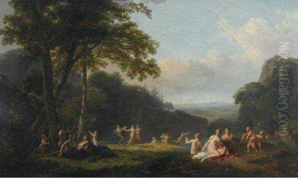 Venus And Her Attendants Frolicking And Bathing In An Acadian Landscape Oil Painting by Jean Raoux