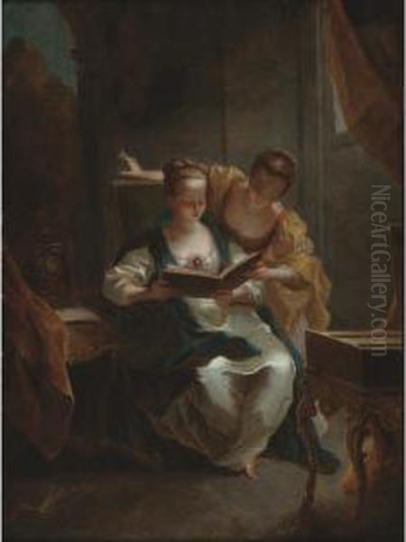 Two Young Ladies Singing In An Elegant Interior Oil Painting by Jean Raoux