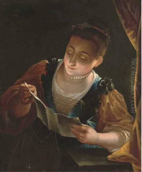 A Lady Reading A Letter By Candlelight Oil Painting by Jean Raoux