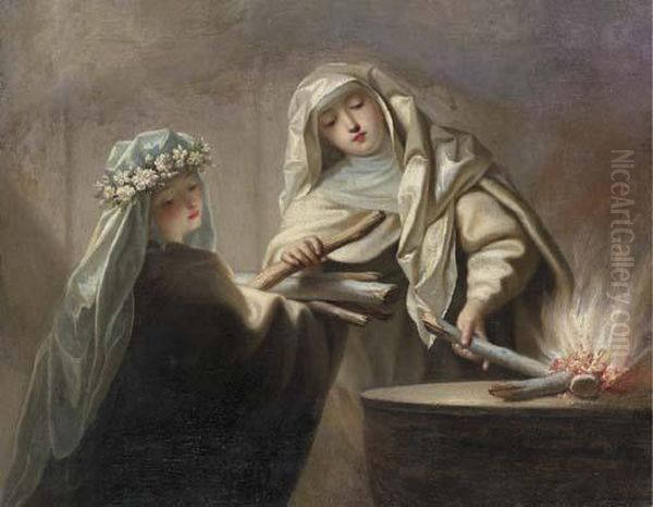 The Sacred Fire: Two Vestal Virgins Tending The Hearth Oil Painting by Jean Raoux