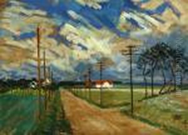 Country Road Flanked By Homes And Farmland by Joseph Morris Raphael