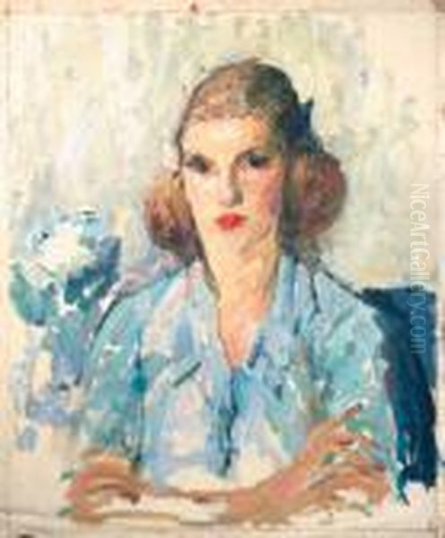 A Portrait Of A Lady In Blue Oil Painting by Joseph Morris Raphael