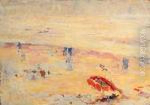 Red Umbrella On The Beach Oil Painting by Joseph Morris Raphael