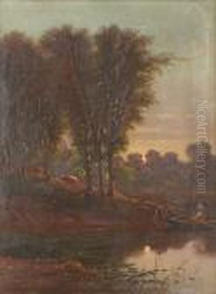 Trappers Launching A Boat At Dusk Oil Painting by William Raphael