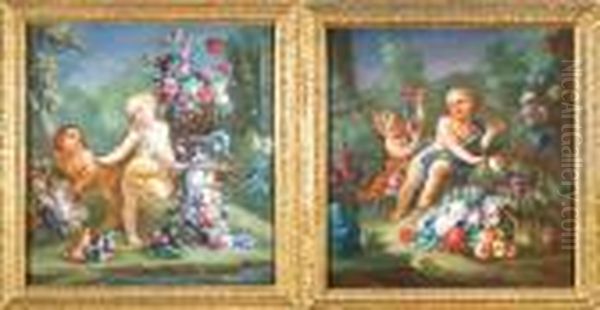 Due Composizioni Con Fiori E Putti Oil Painting by Michele Antonio Rapous