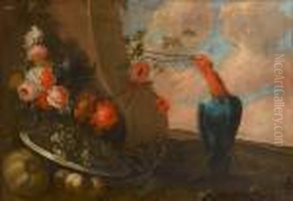 A Peahen Beside A Stone Column 
With A Basket Of Grapes, Peaches And Pomegranates With Pears And Other 
Fruit In A Landscape; And A Pewter Dish Of Grapes With Roses, 
Chrysanthemums And Other Flowers Before The Base Of A Column With An 
Exotic Bird Ne Oil Painting by Michele Antonio Rapous