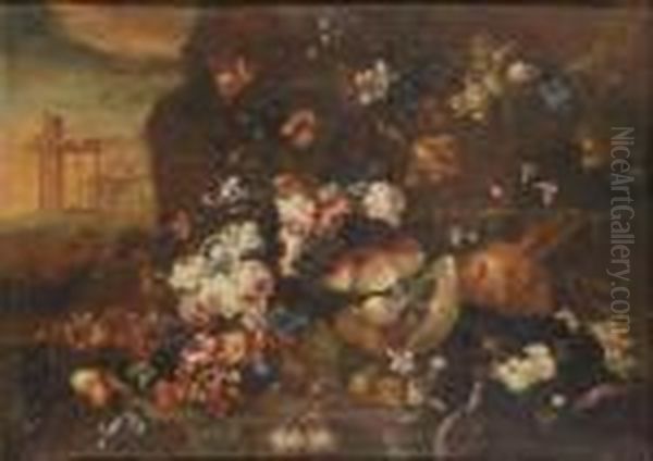 Coppia Di Nature Morte Con Vaso Di Fiori Entro Paesaggio Oil Painting by Michele Antonio Rapous