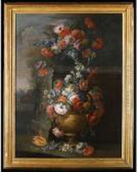 Still Life With Two Vases Of Various Flowers In A Landscape Oil Painting by Michele Antonio Rapous