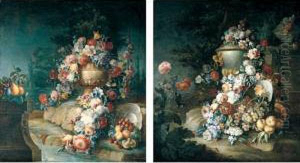 Still Life Of A Garland Of 
Flowers Draped On An Urn, Together With Peaches, Grapes And Other Fruit 
In An Upturned Bowl, All In A Garden Setting Oil Painting by Michele Antonio Rapous