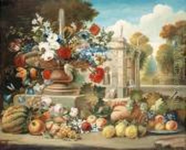 Fruit And Flowers In An Ornamental Garden Oil Painting by Michele Antonio Rapous