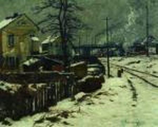 Winterliche Hinterhofe An Den Gleisen Oil Painting by Alfred Rasenberger