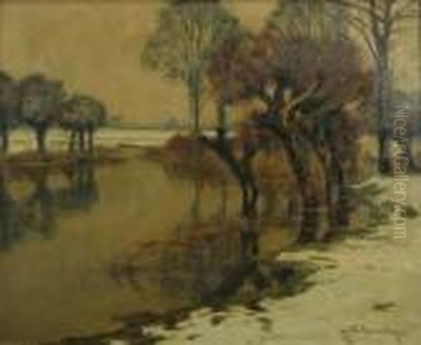 Lower Rhine In Winter. View On The A Distributary In A Snowy Field Landscape. Oil Painting by Alfred Rasenberger