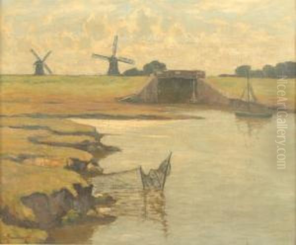 Polderlandschaft Mit Windmuhlen Oil Painting by Alfred Rasenberger