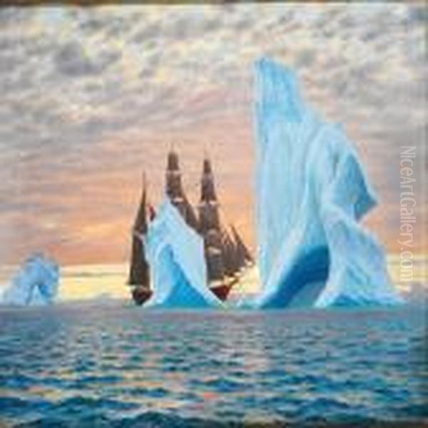 Sailing Ship Amidst Icebergs At Sunset Oil Painting by J.E. Carl Rasmussen